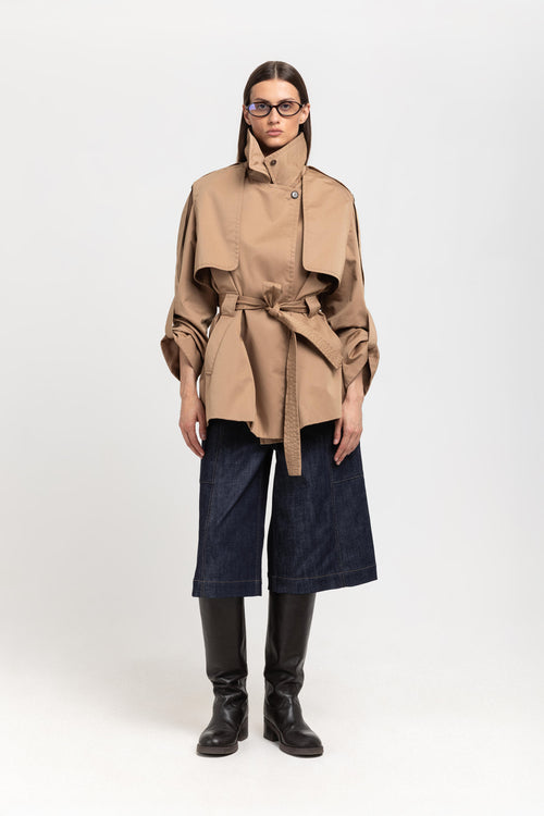 Camel short trench with belt