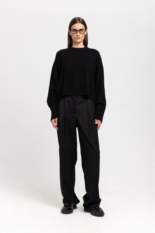 Deep black twill wool tailored pants