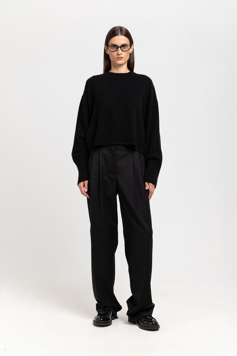 Deep black twill wool tailored pants