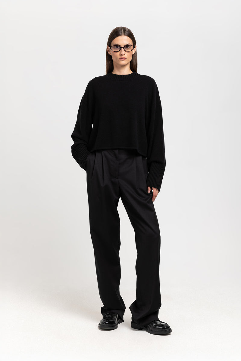 Deep black twill wool tailored pants