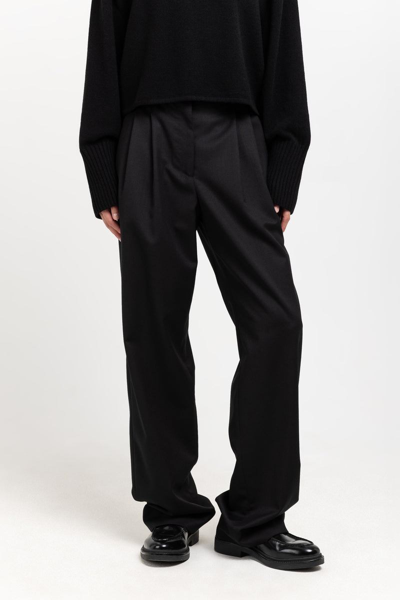 Deep black twill wool tailored pants