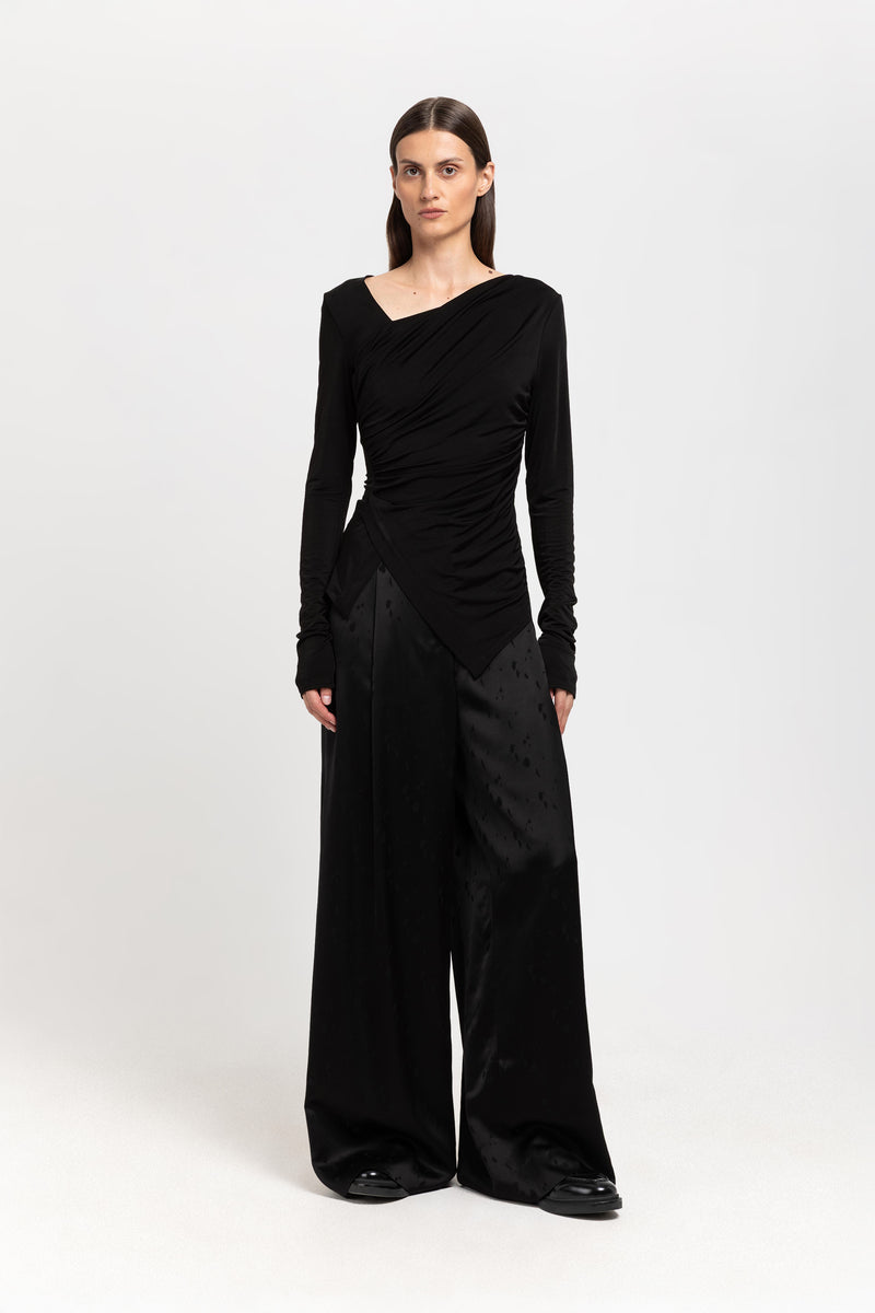 Black viscose jacquard evening high waisted wide pants