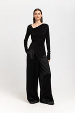 Black viscose jacquard evening high waisted wide pants