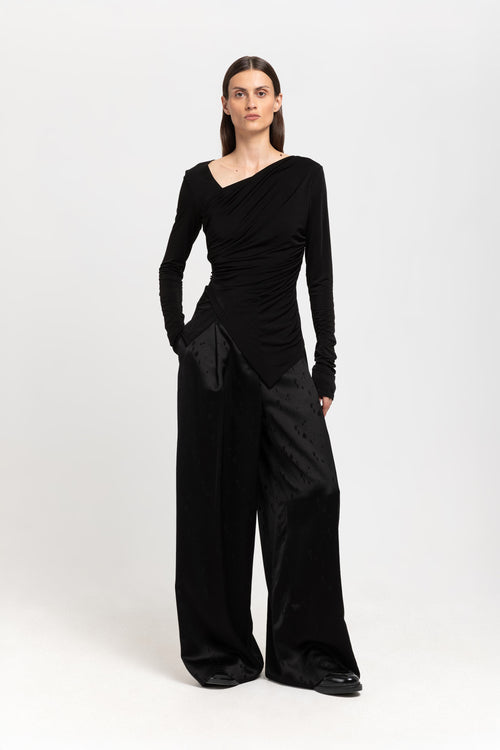 Black viscose jacquard evening high waisted wide pants