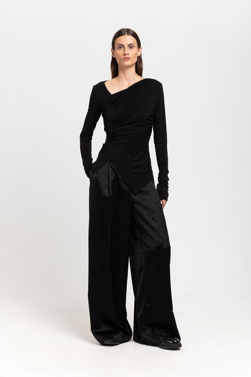 Black viscose jacquard evening high waisted wide pants