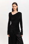 Black acetate jersey asymmetric ruched top