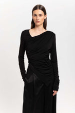 Black acetate jersey asymmetric ruched top