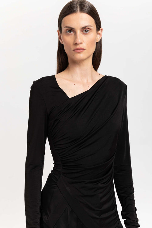 Black acetate jersey asymmetric ruched top