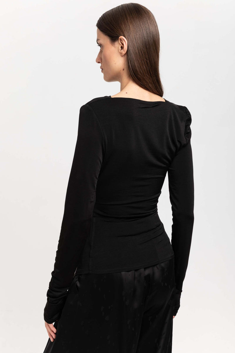 Black acetate jersey asymmetric ruched top