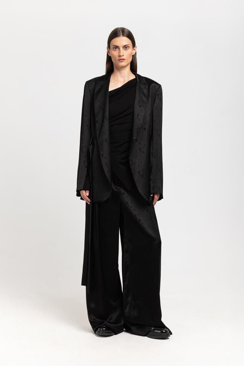 Black viscose jacquard belted evening jacket