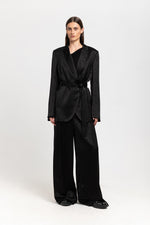 Black viscose jacquard belted evening jacket