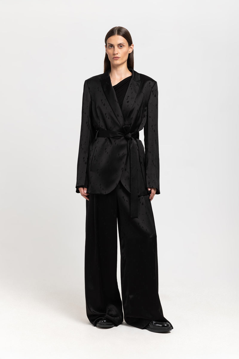Black viscose jacquard belted evening jacket
