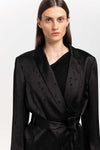 Black viscose jacquard belted evening jacket