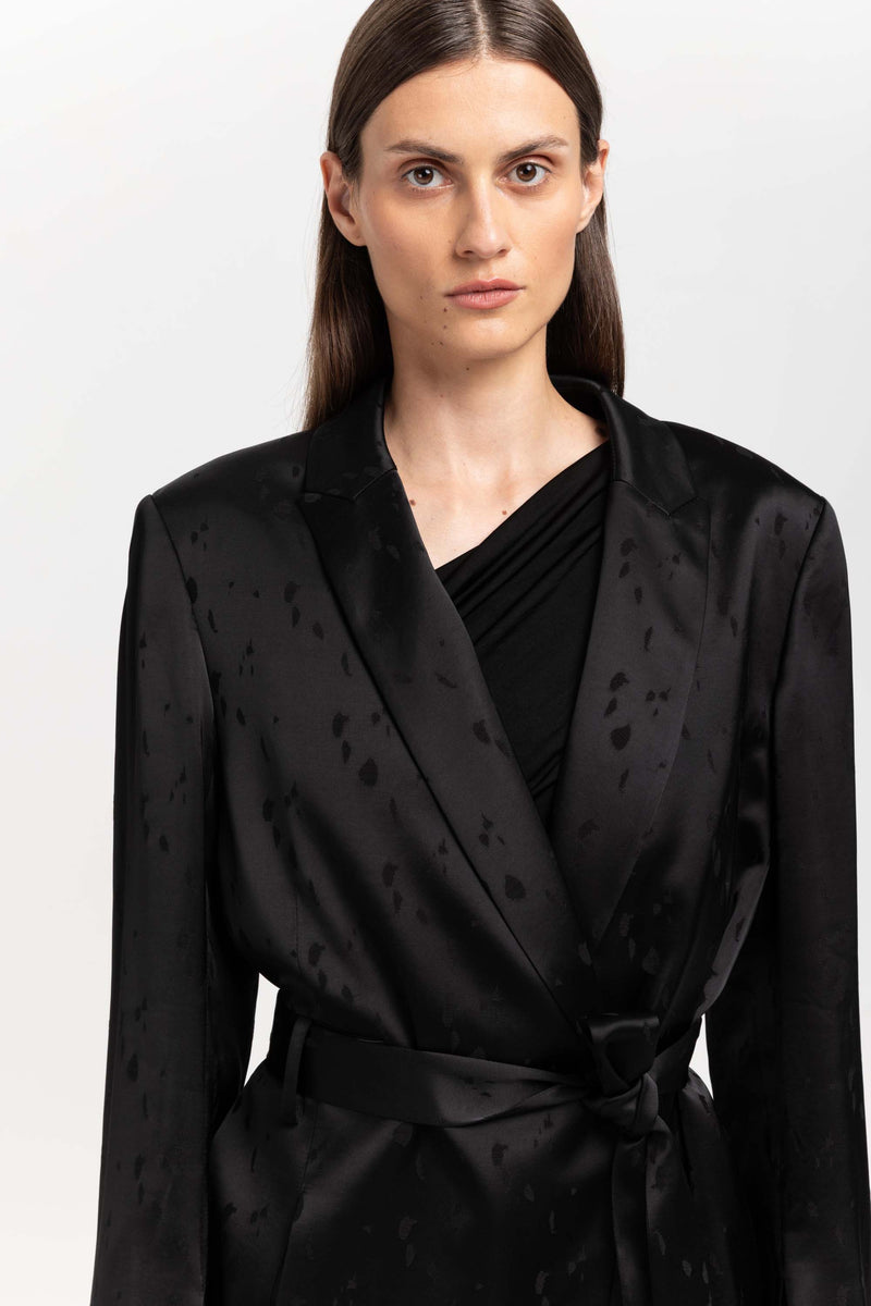 Black viscose jacquard belted evening jacket