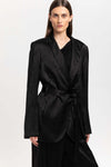 Black viscose jacquard belted evening jacket