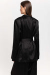 Black viscose jacquard belted evening jacket