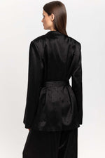Black viscose jacquard belted evening jacket