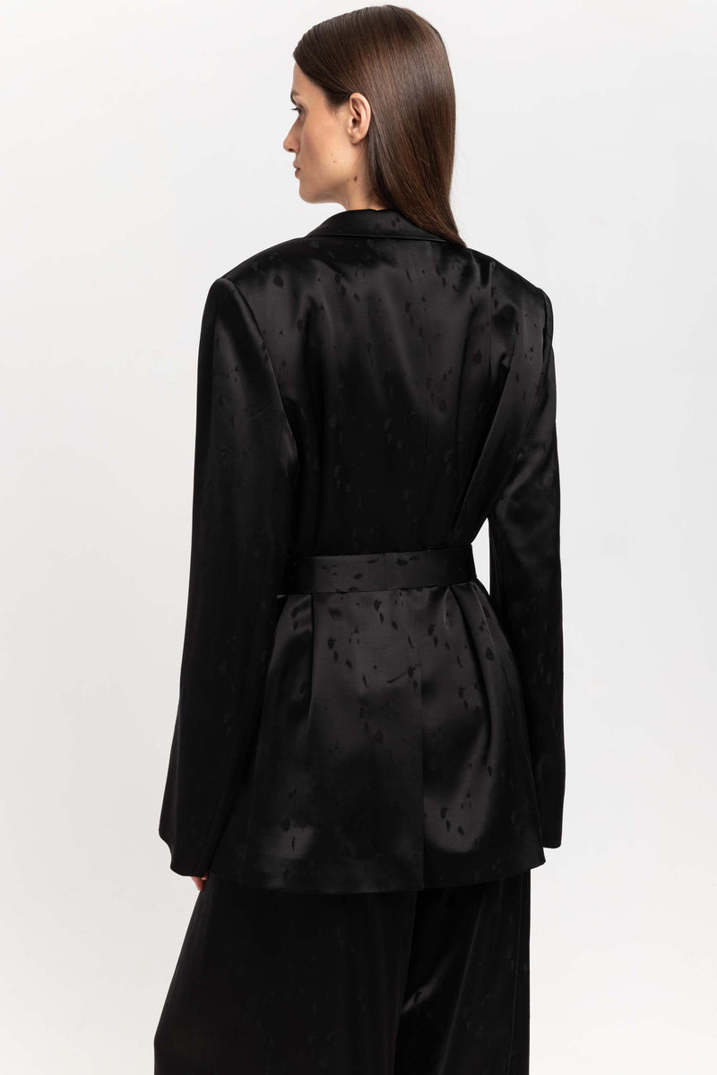 Black viscose jacquard belted evening jacket