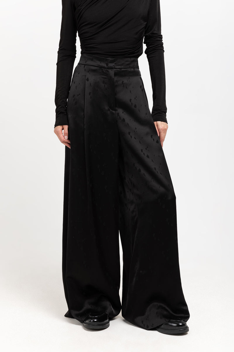 Black viscose jacquard evening high waisted wide pants