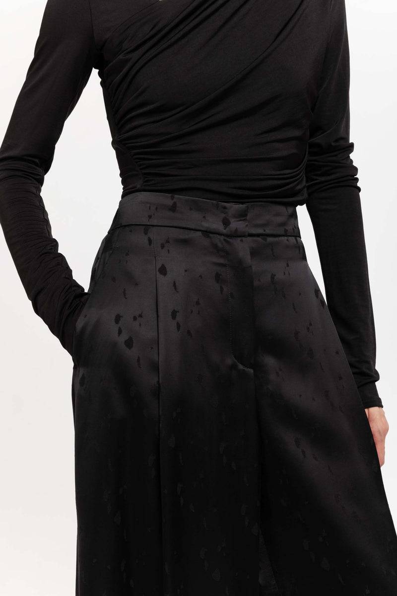 Black viscose jacquard evening high waisted wide pants
