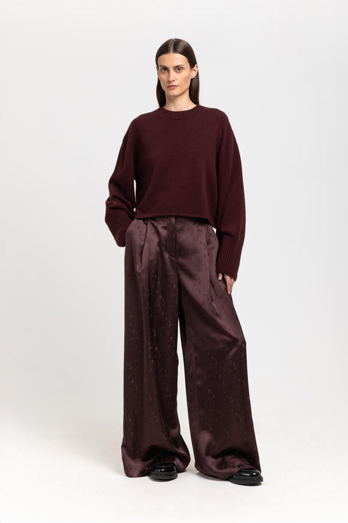 Burgundy viscose jacquard evening high waisted wide pants