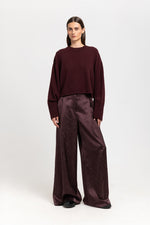 Burgundy viscose jacquard evening high waisted wide pants