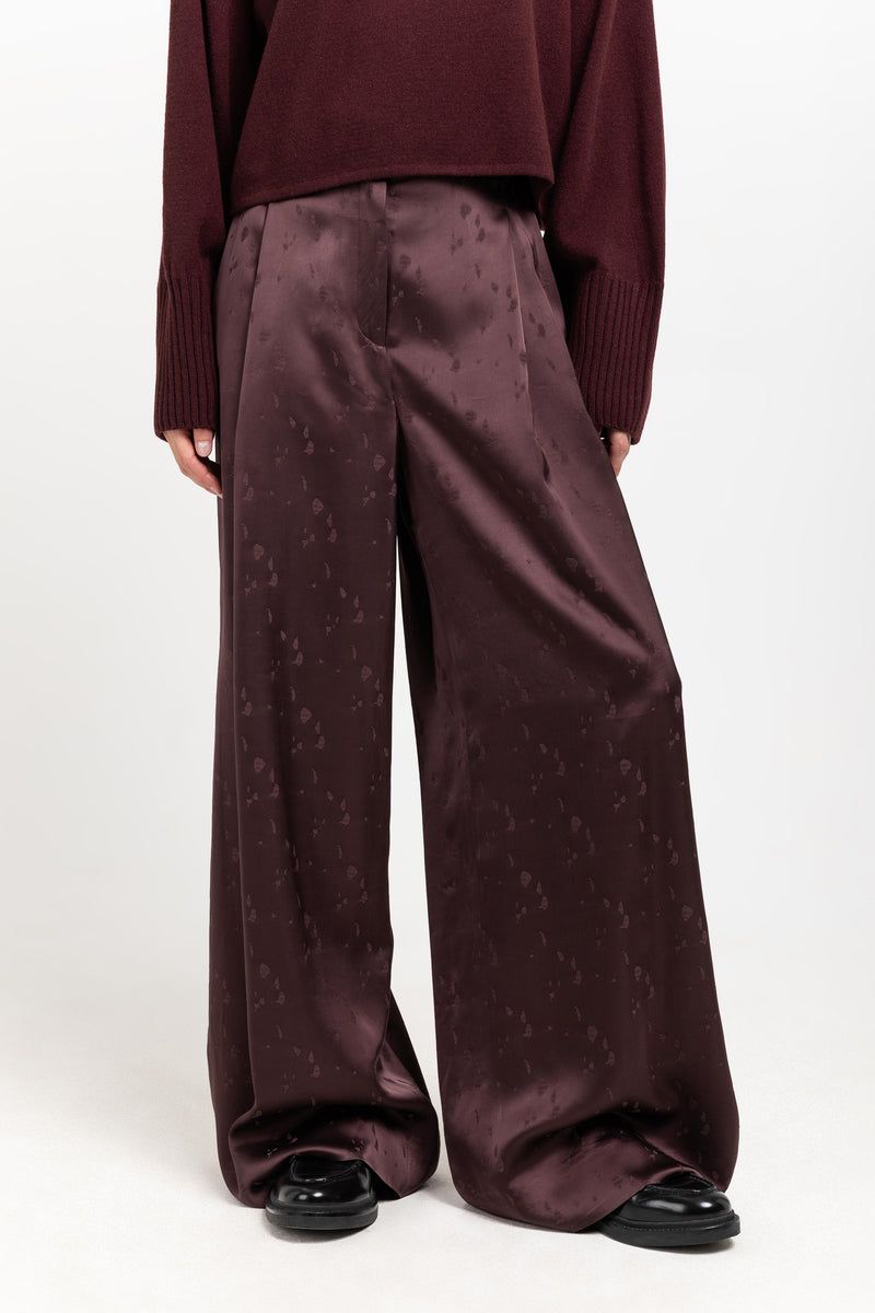 Burgundy viscose jacquard evening high waisted wide pants