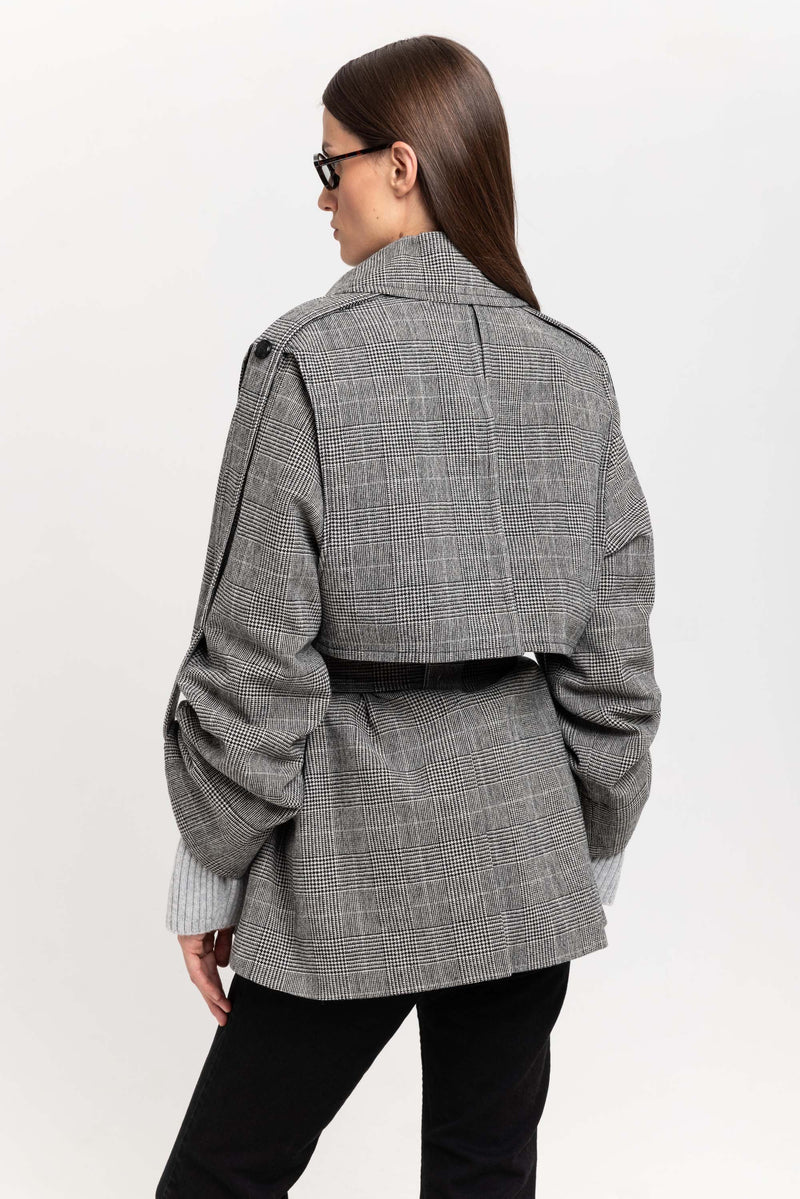 Black & white checkered wool short trench with belt