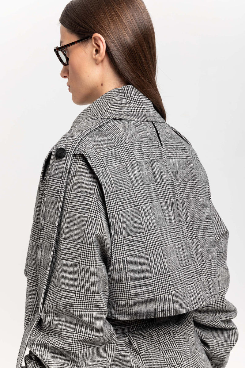 Black & white checkered wool short trench with belt