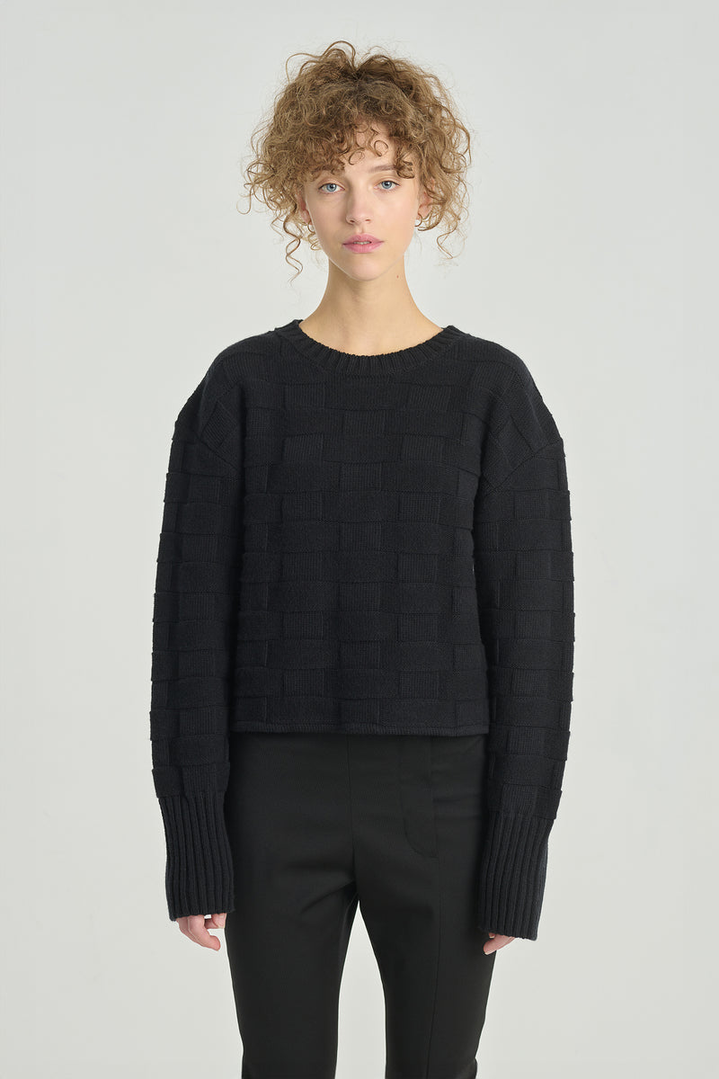 Black textured crewneck sweater