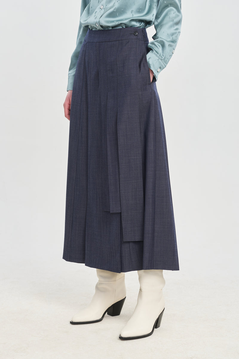 Denim blue wool twill skirt-pants