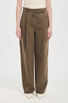 Khaki denim straight leg jeans with pleats