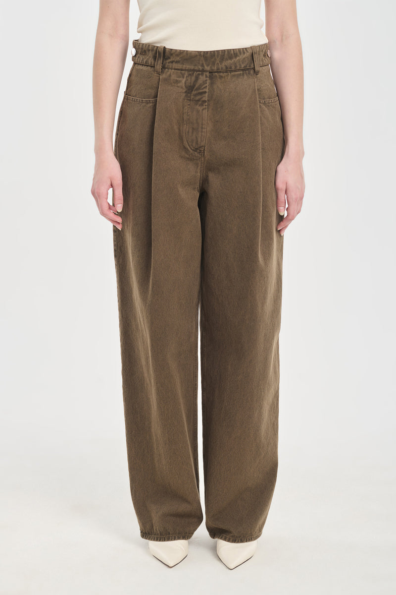Khaki denim straight leg jeans with pleats