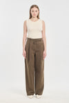 Khaki denim straight leg jeans with pleats