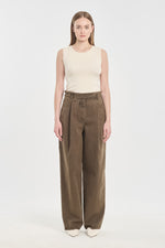 Khaki denim straight leg jeans with pleats