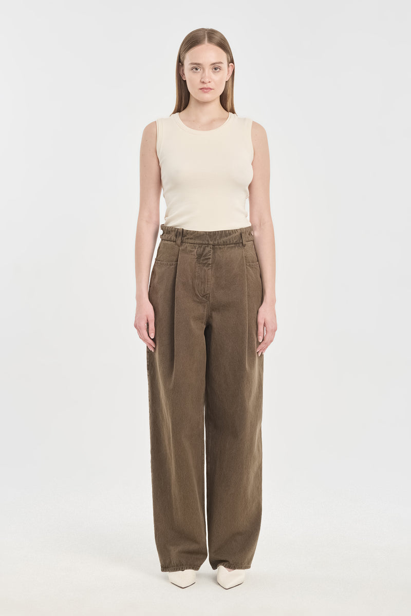 Khaki denim straight leg jeans with pleats