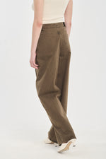 Khaki denim straight leg jeans with pleats