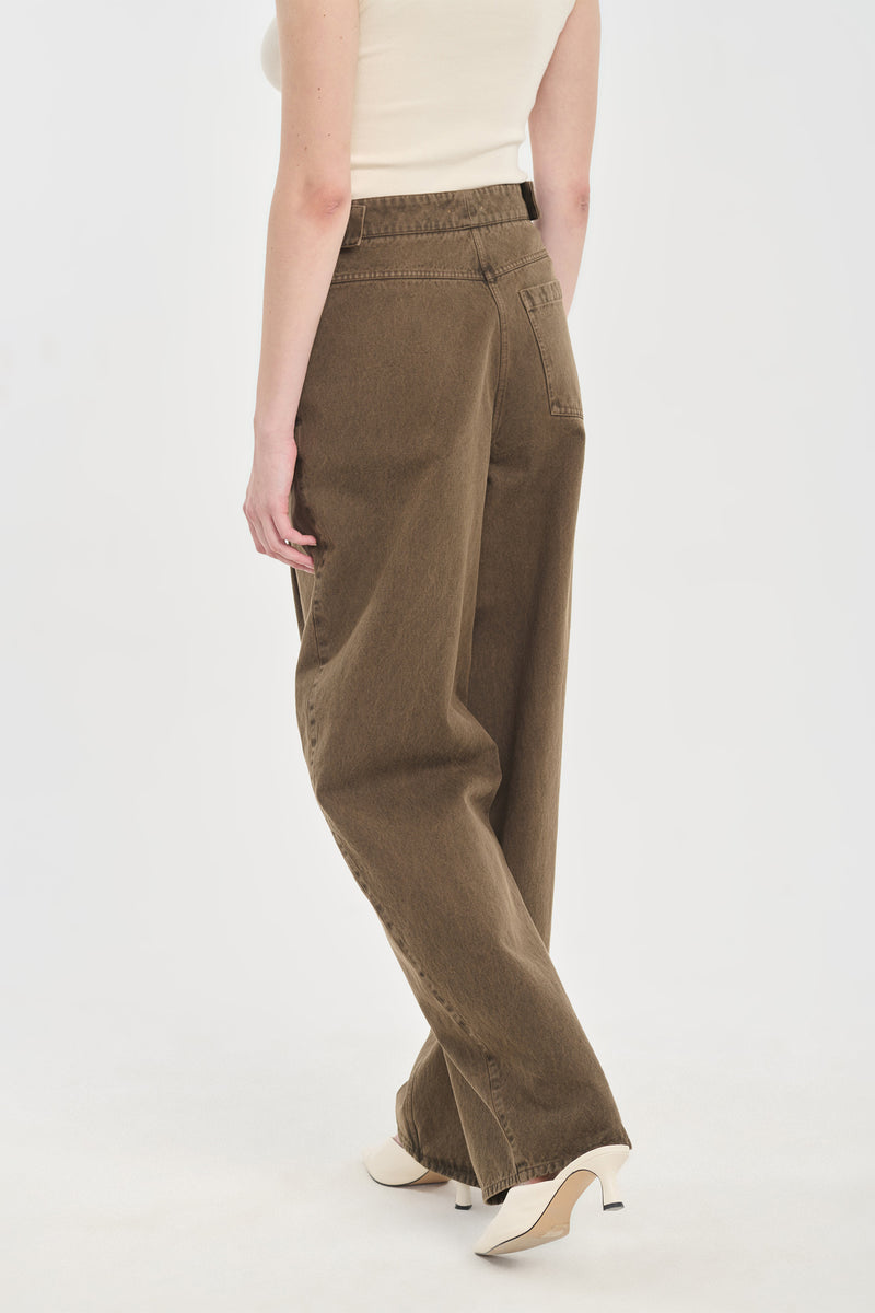Khaki denim straight leg jeans with pleats