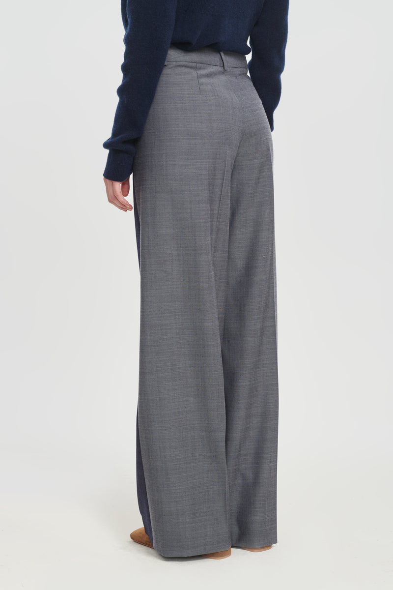 Denim blue wool twill wide leg pants