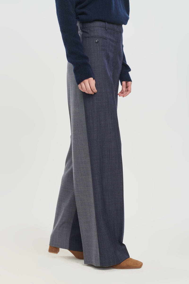 Denim blue wool twill wide leg pants