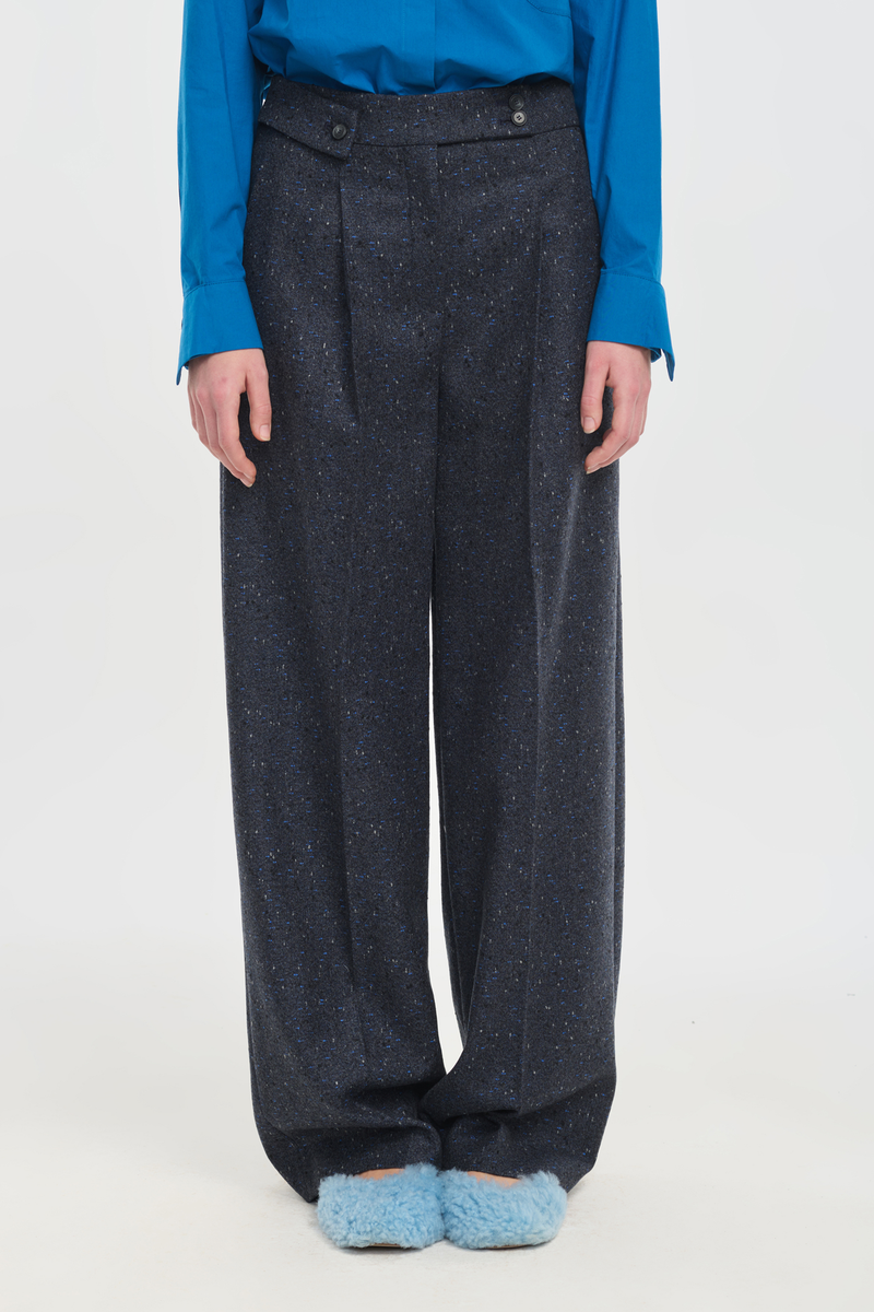 Blue speckle tweed tailored pleated pants