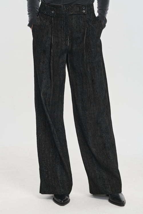 Black striped corduroy velvet tailored pleated pants