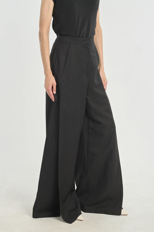 Black viscose linen twill pants with slit