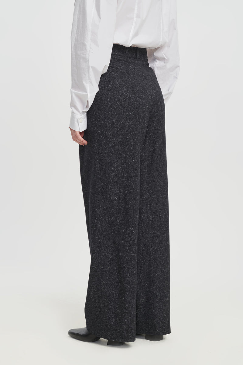 Black wool silk tweed pants with pleats