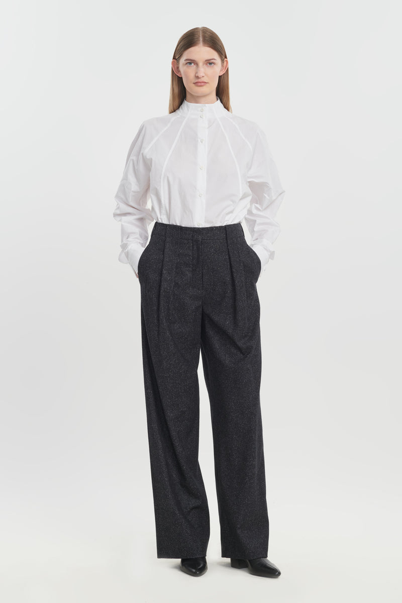 Black wool silk tweed pants with pleats