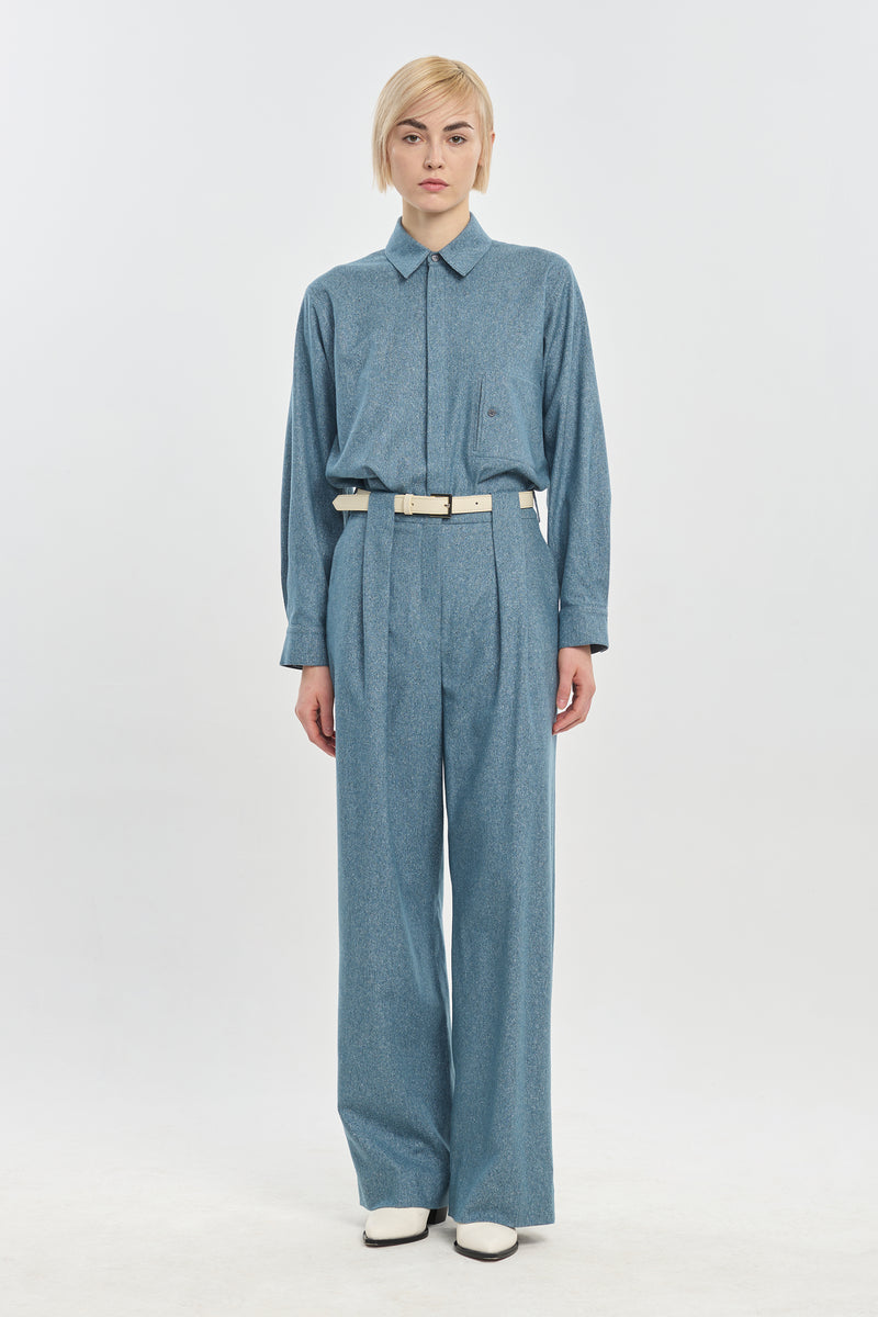 Light blue wool silk tweed pants with pleats