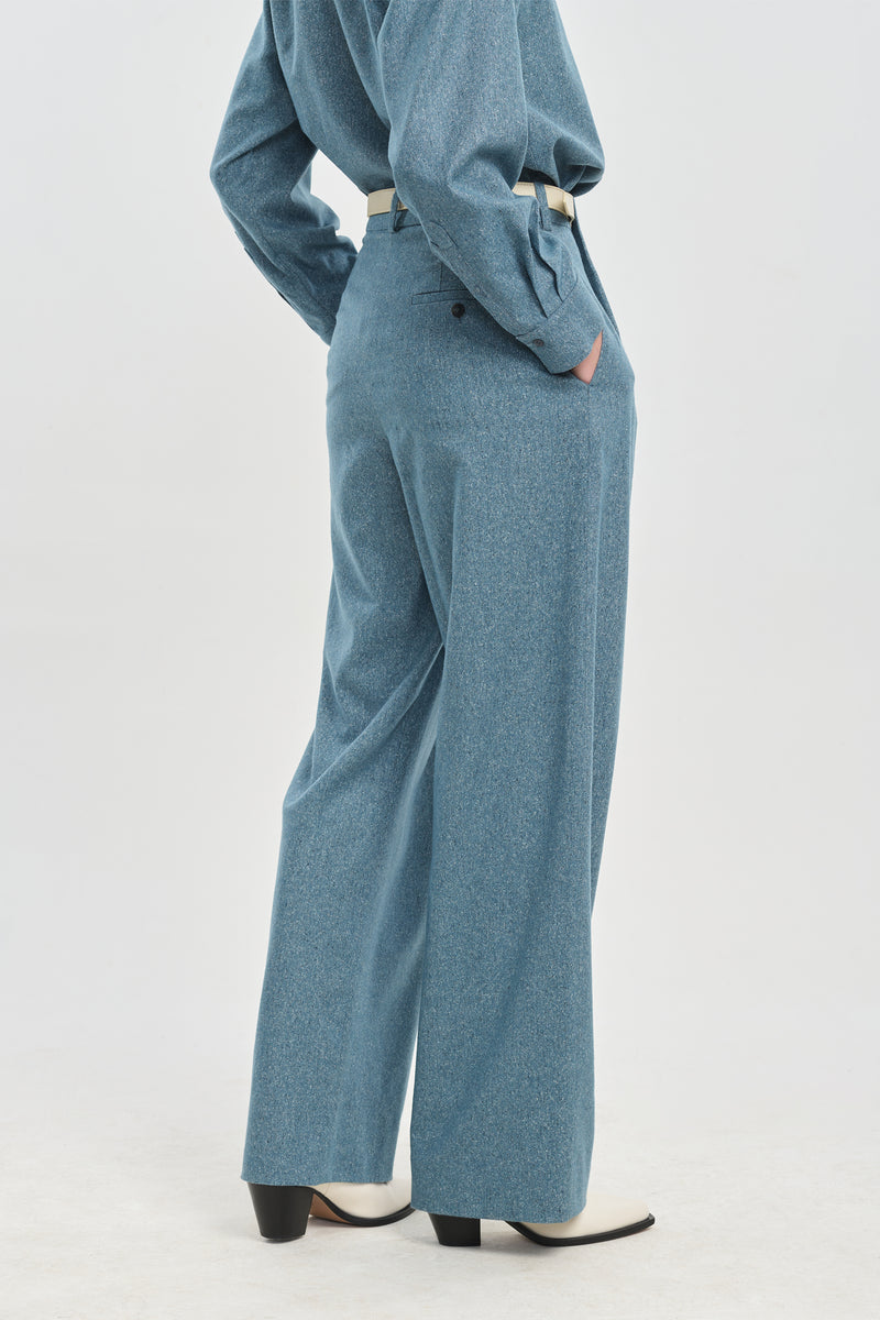 Light blue wool silk tweed pants with pleats