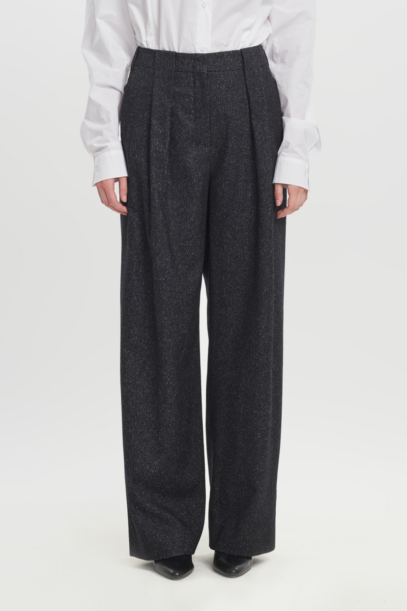 Black wool silk tweed pants with pleats