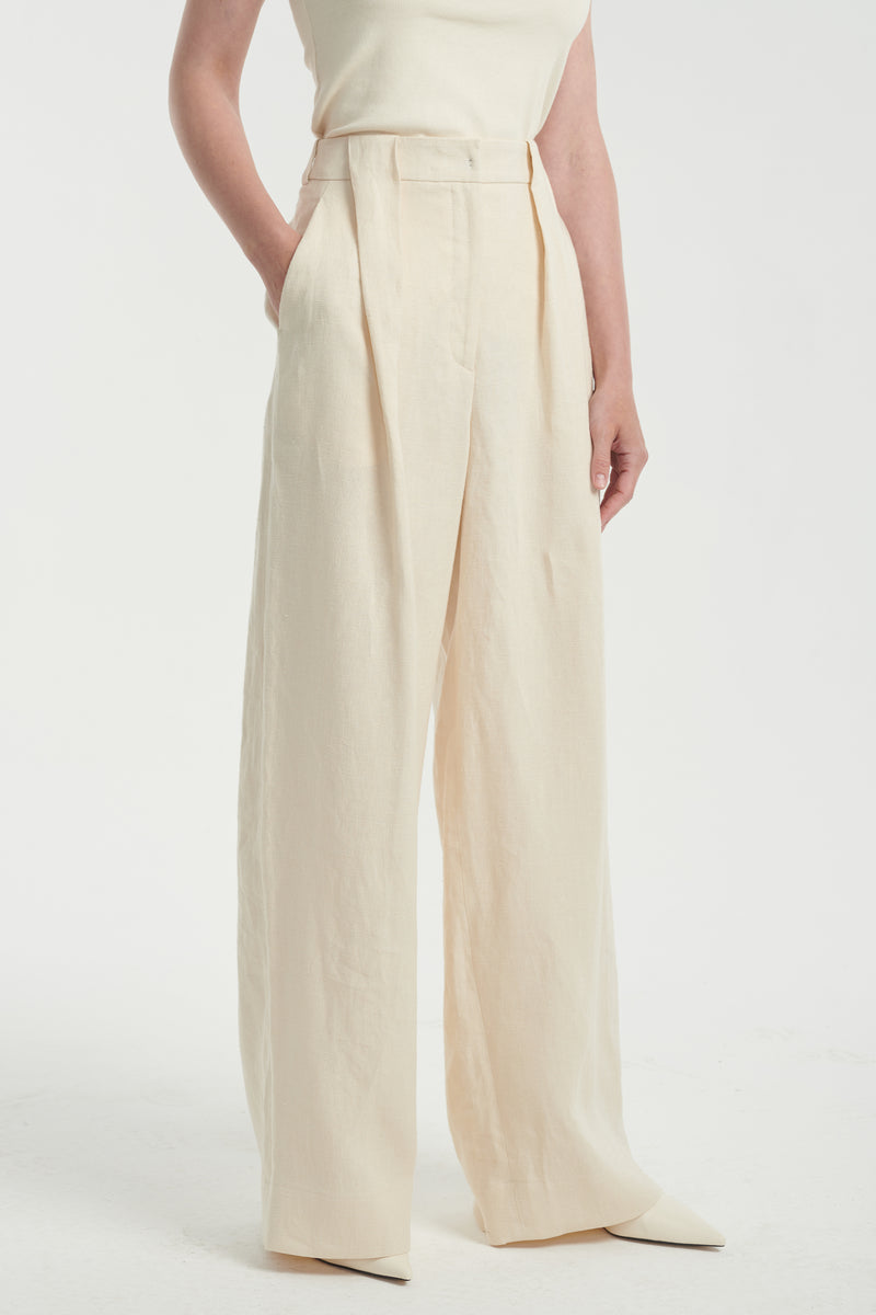 Ivory linen straight leg pants with pleats