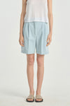 Blue washed denim shorts with pleats